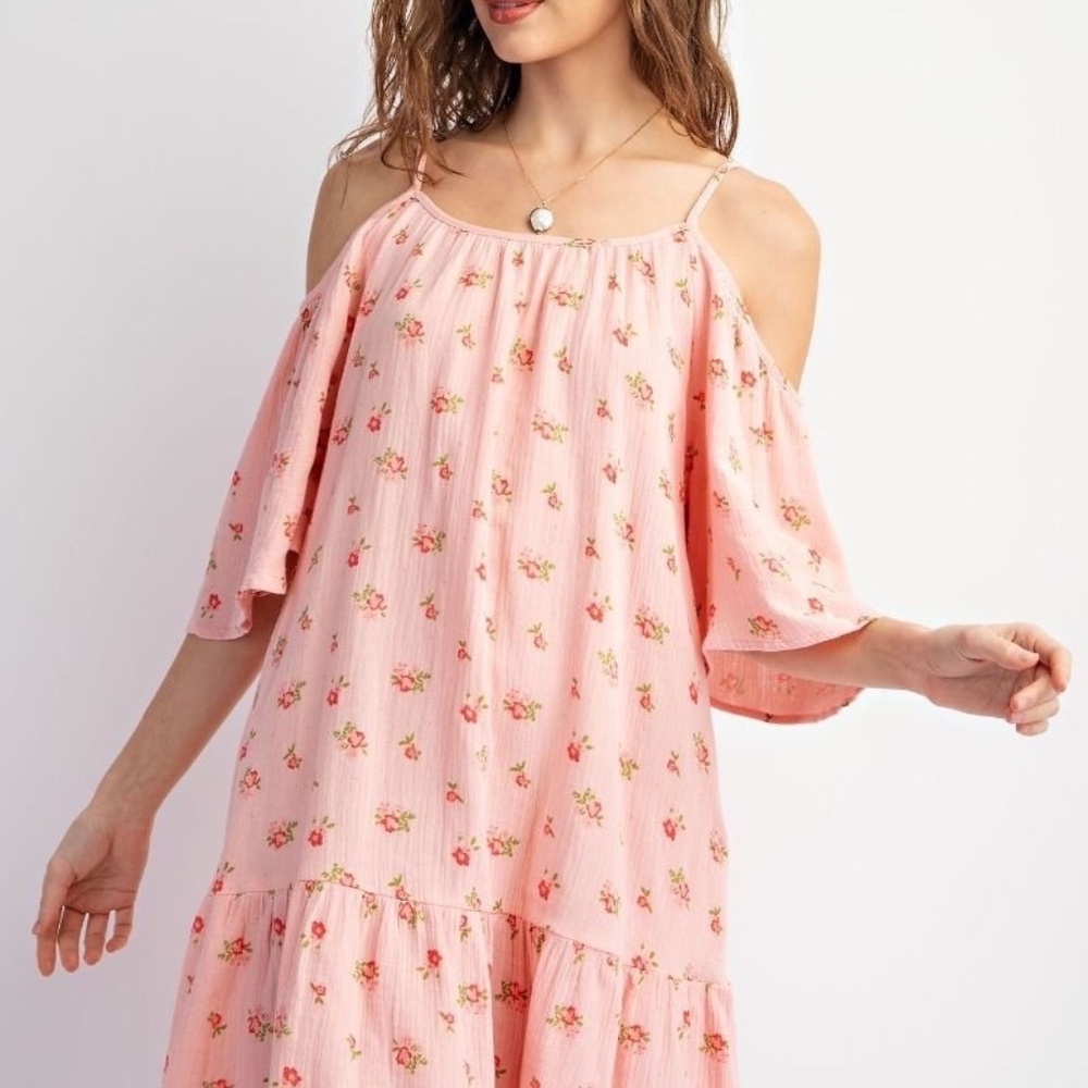 New Easel Cold Shoulder Dress Pom Pom Trim Ruffle Gauze Pink Floral Pockets - Picture 2 of 12